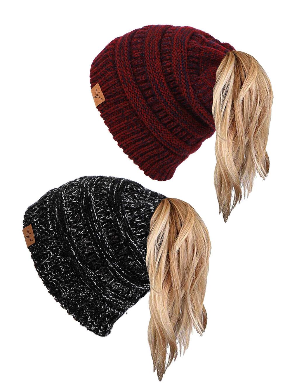 4502 Soul Young Ponytail Messy Bun Beanie Tail Hole Soft Stretch Cable Knit